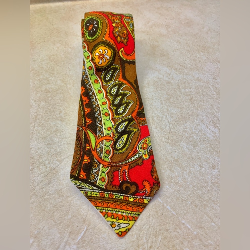Funky Thanksgiving VTG Dad Tie -Orange/Brown/NEON Yellow/Green BRIGHT PAISLEY